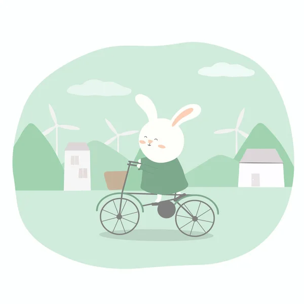 Rabbit Riding Bicycle Front Green Home Park Weekend Green Living — 图库矢量图片