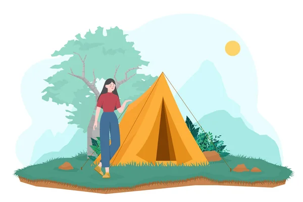 Tourist Female Standing Front Camping Tent Outdoor Nature Adventure Camping — Image vectorielle