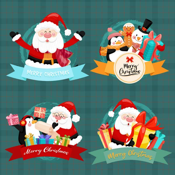 Merry Christmas Card Santa Snowman Penguin Gift Box — Stock Vector