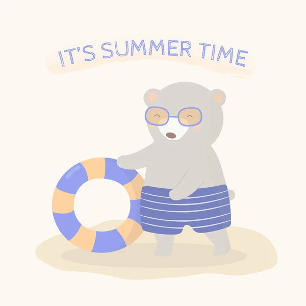 Cute Bear Wearing Swimming Trunk Glasses Standing Swim Ring Hand — Stock Vector