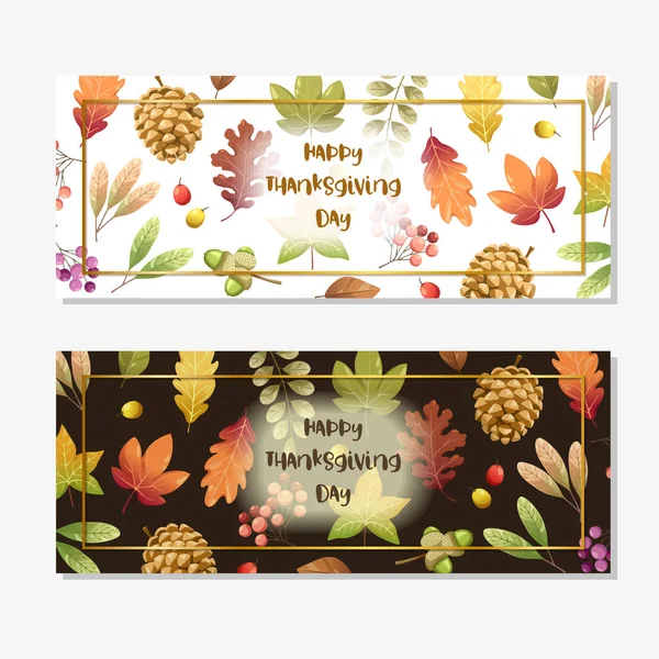 Mutlu Şükran Günü kartları ya da ceviz, balkabağı ve akçaağaç yapraklı el ilanları.