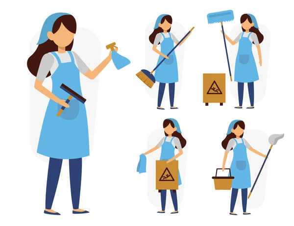 Set Female Maid Housekeeper Cartoon Characters Different Actions Isolated Vector — 图库矢量图片