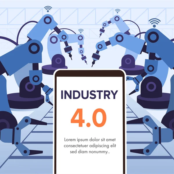 Sanayi Afişi Akıllı Telefon Robot Kollu Fabrika Sürecinde Akıllı Endüstriyel — Stok Vektör