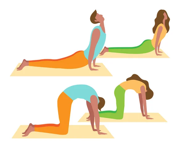 Grote Geïsoleerde Cartoon Stijl Gelukkig Jonge Mannen Vrouwen Doen Yoga — Stockvector