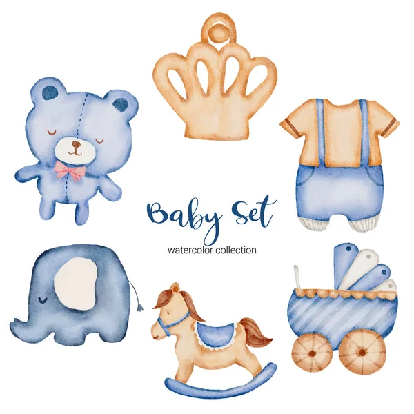 Parçaları ayırın ve güzel kıyafetleri, bebek eşyalarını ve oyuncakları beyaz arkaplanda sulu renk tarzında, suluboya vektör çiziminde bir araya getirin.