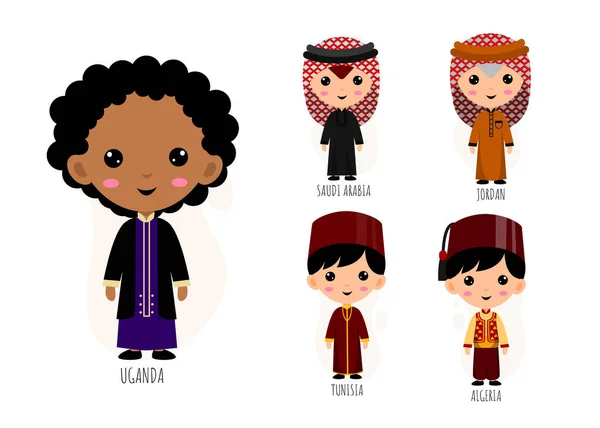 Conjunto Personas Personajes Tradicionales Dibujos Animados Ropa Asia Occidental Concepto — Vector de stock