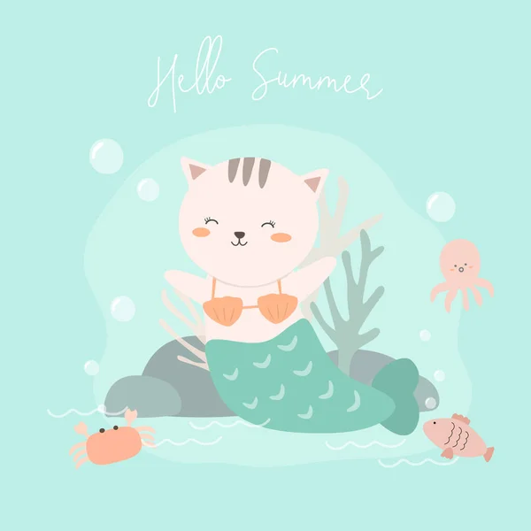 Lovely Cat Wearing Mermaid Suit Undersea Hand Drawn Style Flat — ストックベクタ