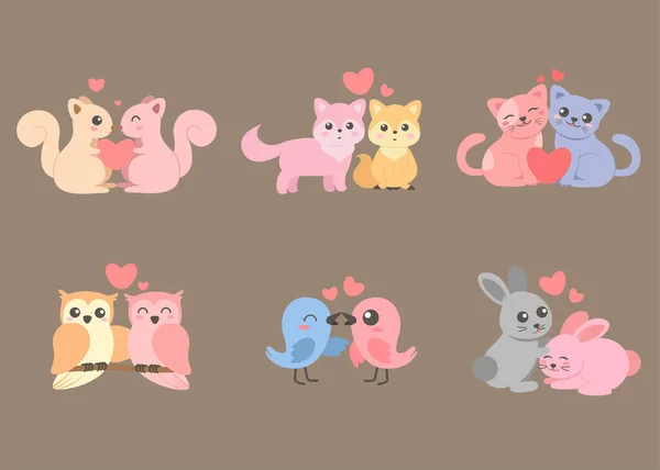 Paquete Lindo Animal Dibujos Animados Fondo Del Amor Personajes Aislados — Archivo Imágenes Vectoriales