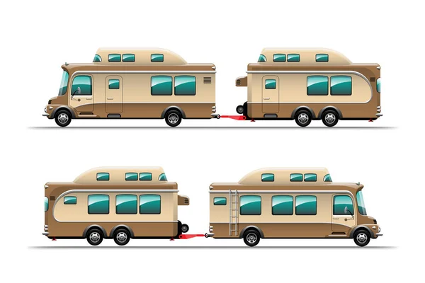 Seitenansicht Von Campinganhängern Reisemobilen Oder Wohnwagen Vector Illustration — Stockvektor