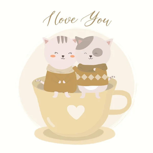 Vector Illustration Couple Cats Tea Cup Lettering Quote Love You — 스톡 벡터