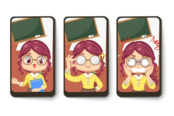 Set Card Female Teacher Wearing Eyeglasses Classroom Difference Emotion Cartoon — Image vectorielle