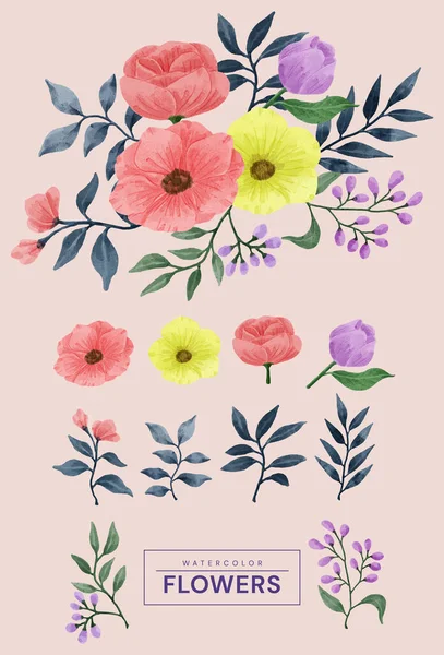 Zestaw Kwiatów Pomalowany Akwarelą Dla Różnych Kart Kartek Okolicznościowych — Wektor stockowy