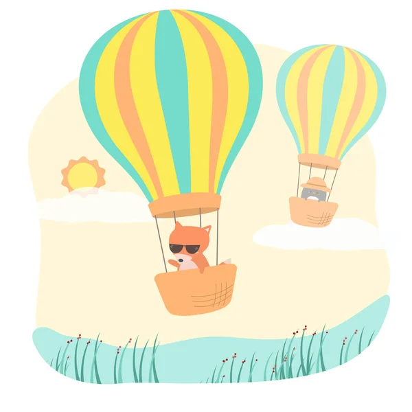 Fox Penguin Balloon Basket Sky Hand Drawn Style Flat Vector — 图库矢量图片