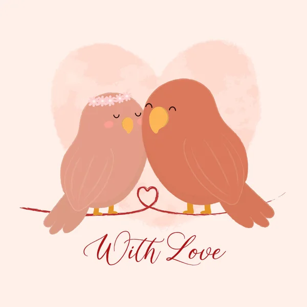 Cute Birds Love Sitting Heart Shape Branche Heart Shape Background — Image vectorielle