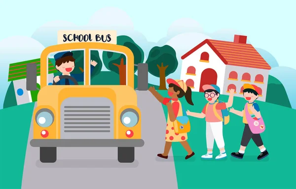 学校は学期を開いた 学生は様々な科目を勉強するために学校に戻ります 午前中は学生用のシャトルバスが運行されている 学生は学校のバスに乗るために早く起きます — ストックベクタ