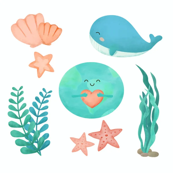 Sea Life Watercolor Drawing Sea Set Cute Whale Marine Plants — ストックベクタ