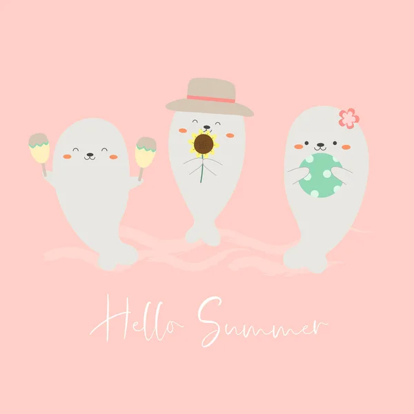 Lovely Seal Family Wearing Hat Holding Maracas Flower Ball Summer — Stock Vector