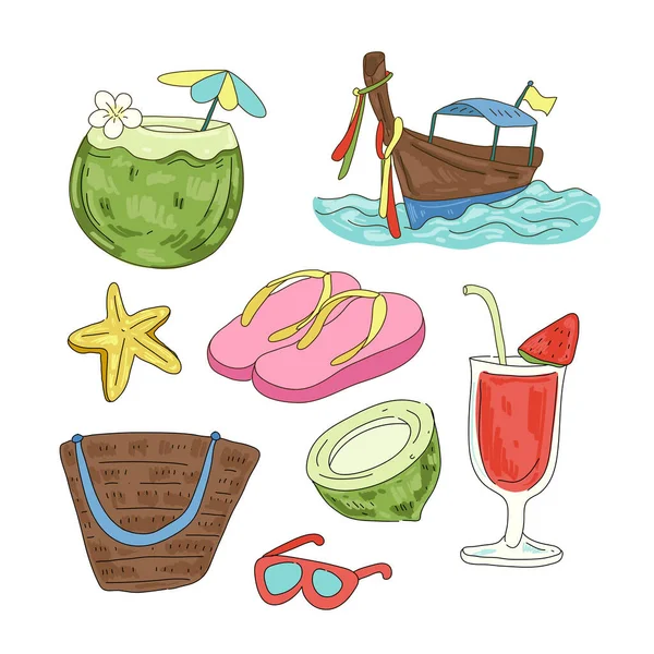 Coconut Water Lady Bag Sunglasses Juice Slipper Boat Sea Cartoon — 图库矢量图片