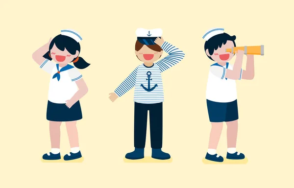 Cute Boy Girl Wearing Sailor Uniform Boy Use Binocular Looking — Stock Vector