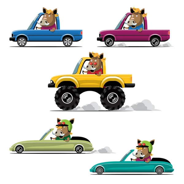 Cartoon Cute Animal Drive Car Road Animal Driver Pets Vehicle — 스톡 벡터