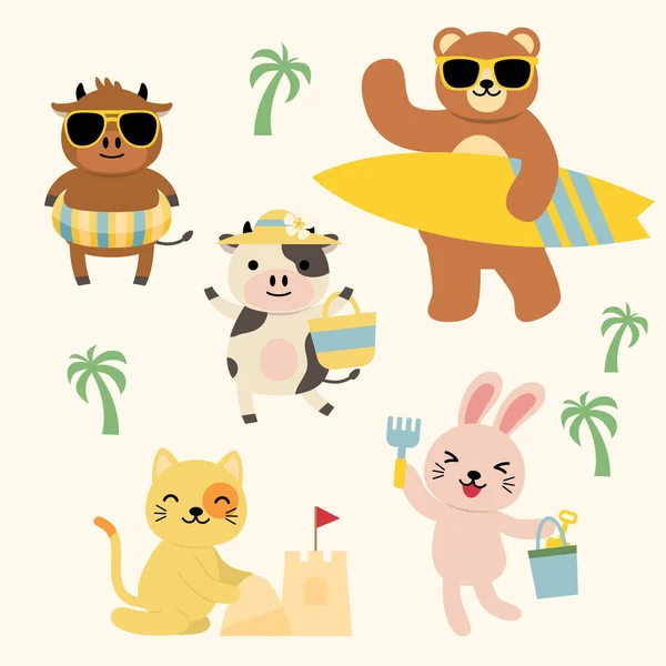 Bundle Set Lovely Animal Enjoy Activity Beach Cartoon Character Flat — 图库矢量图片