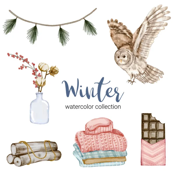 Ensemble Hiver Dans Collection Aquarelle Avec Hiboux Bois Chauffage Chandails Illustrations De Stock Libres De Droits