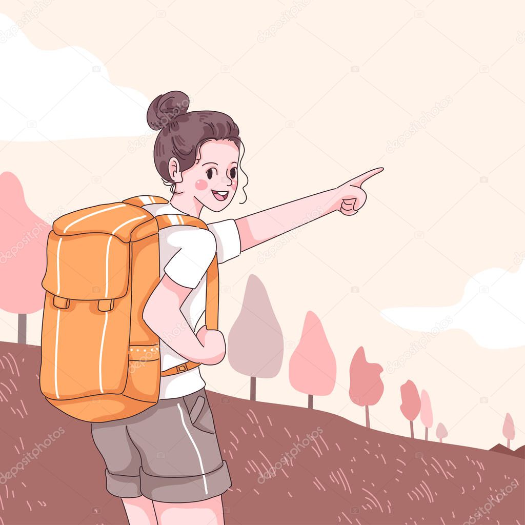 Traveler teenage female with backpack standing and pointing his finger forward with happiness, cartoon character drawing design style flat vector illustration