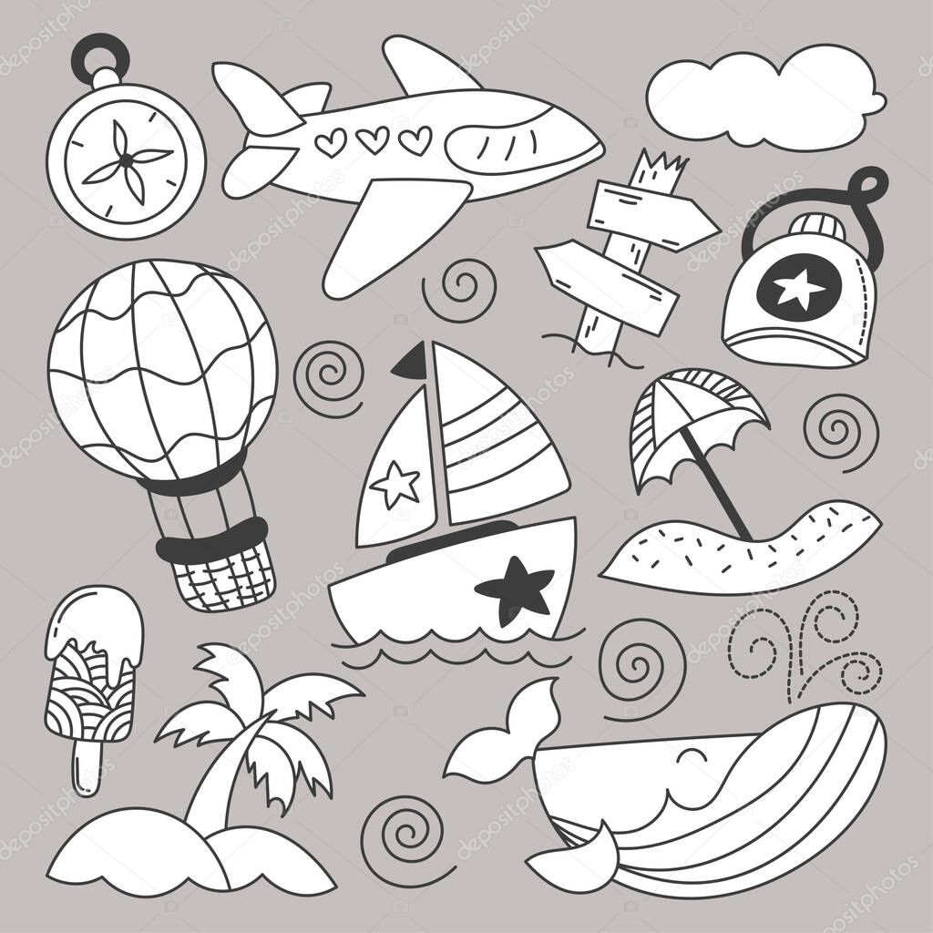Bundle Set of travel on summer holidays with cartoon items hand drawing sketch, flat vector illustration on gray background