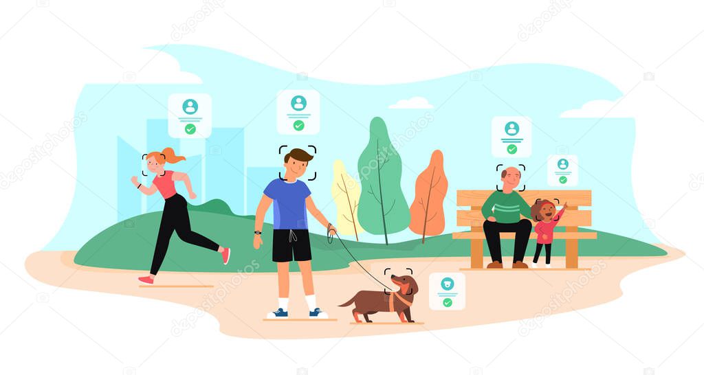 The surveillance camera recognizes the faces of people and animal in park, Face recognition concept, vector illustration. 