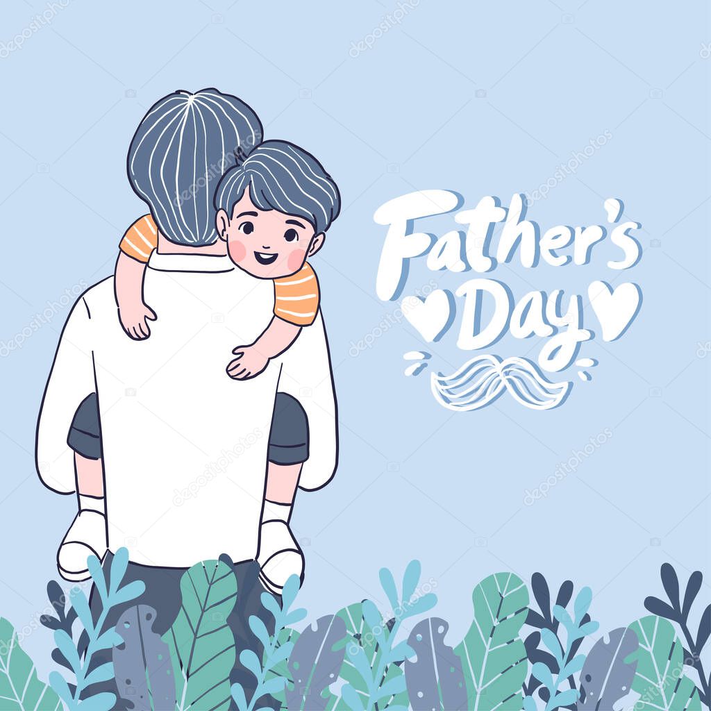 Happy Father's Day Father holds the son close to his chest. Dad and Son wear t-shirt isolated on blue background. Vector flat illustration