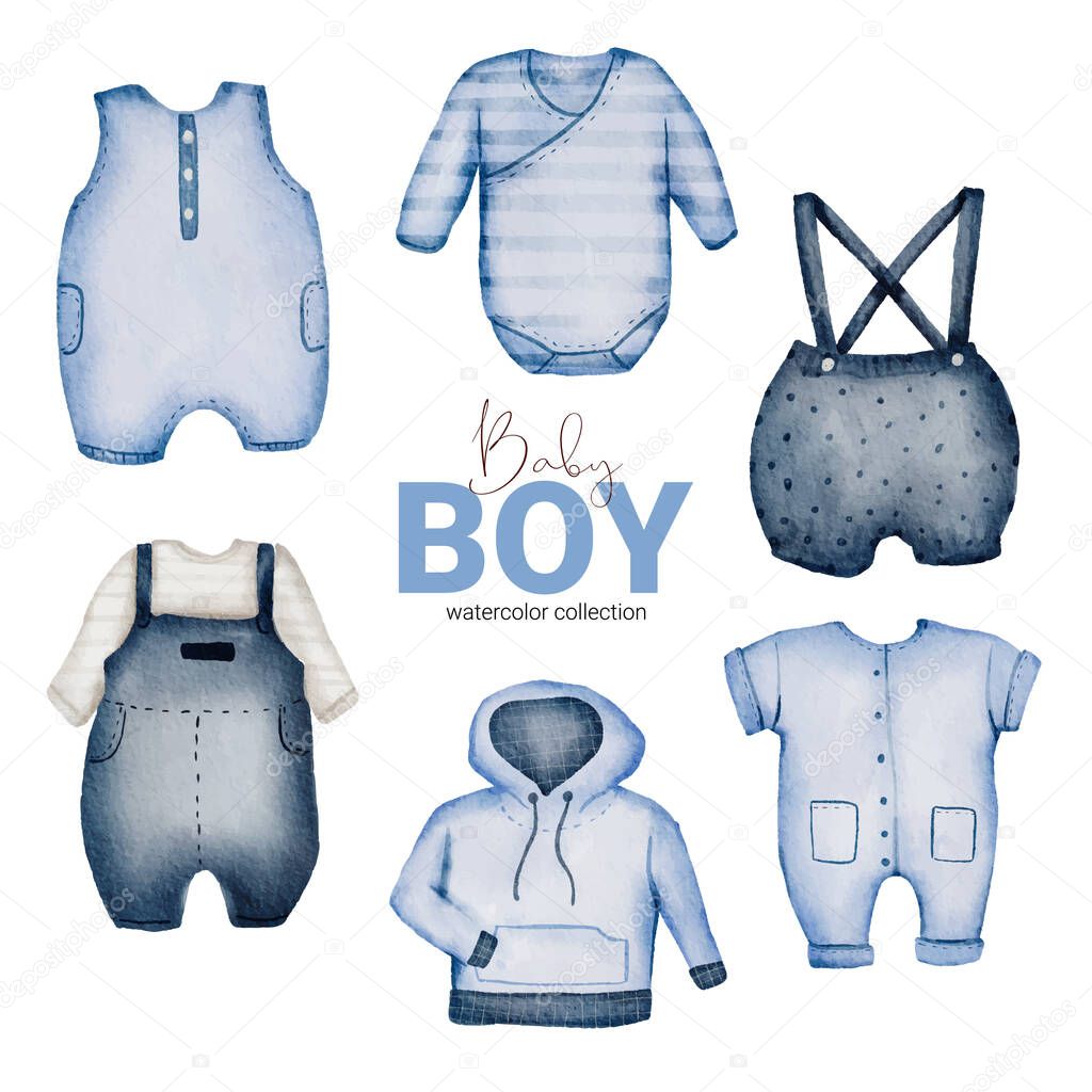 Set of Separate parts and bring together to beautiful clothes, baby items and toy in water colors style on white background, Watercolor vector illustration