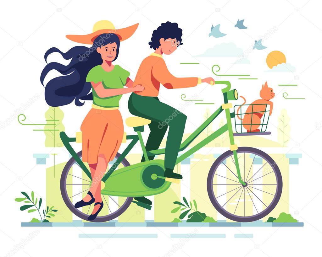 A man and his girlfriend ride a bicycle in a park, a shady garden, Very nice atmosphere 
