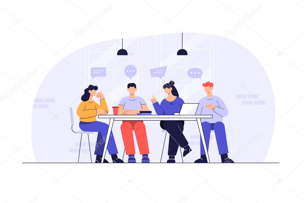 Business concept artoon style. Employee working in office business workplace. They talk about their job duties in the company. flat illustration vector design