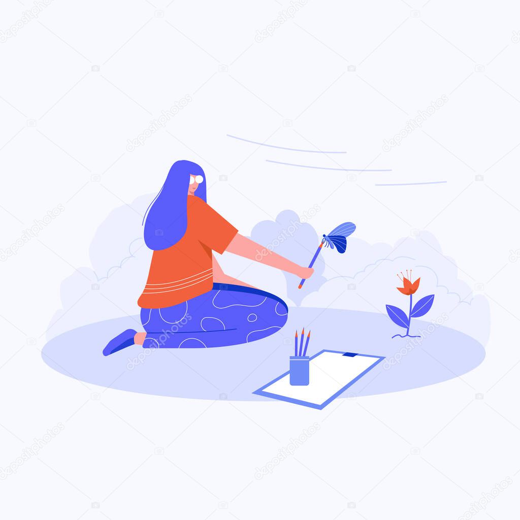 The artist traveled to paint the scenery outside. She uses his imagination to create beautiful pictures on the canvas. vector illustration flat design