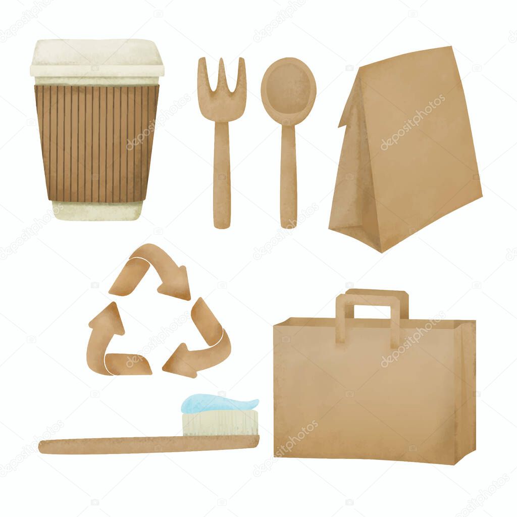 Hand drawing with watercolor of product and packaging for help and save the word, paper bag and cloth bags in various forms, Using natural materials to reduce amount of waste And can reused again 