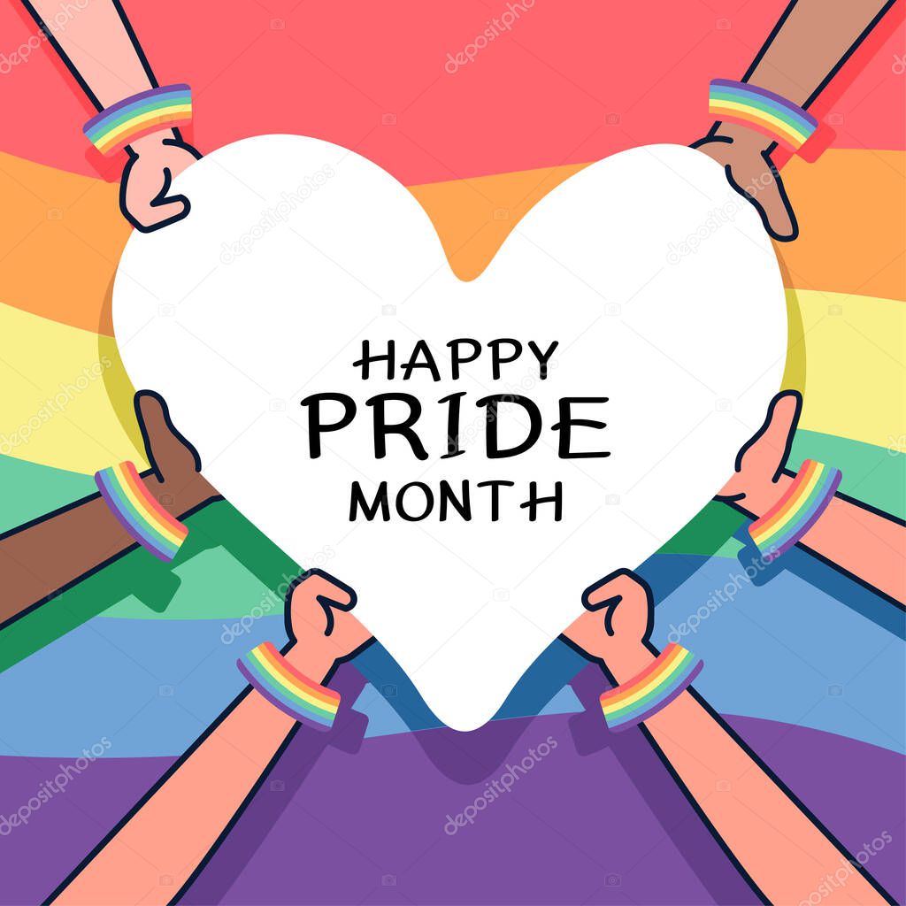multiracial and gender equal hands holding a heart-shaped banner with a flag of gender on blue sky background. Template LGBTQ event banner design.