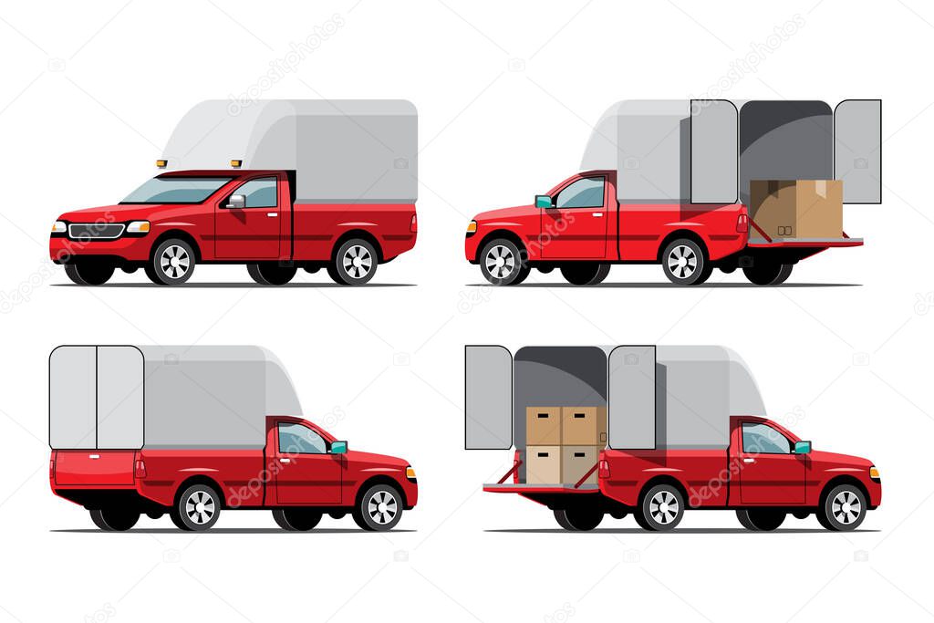 Big isolated vehicle vector icons set, flat illustrations various view of van, logistic commercial transport concept.