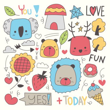 El çizimi karakterler, hayvanlar ve vektör elementleri açık beyaz arka planda. Vektör illüstrasyonu.