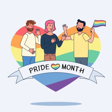 Cinsiyet özgürlüğünün bayrağını sallayan üç adam. LBGTQ konseptin kutlu olsun. Gökkuşağı bayrağıyla gurur dolu bir ay. Şablon LGBTQ olay paneli tasarımı.