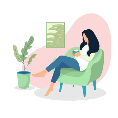 Evde bir fincan çayla bir kızın olması fikri. Mutlu kadın dinleniyor. Masa başında oturan kadın karakter. Evde kal. Vektör düz resimleme