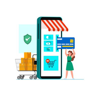 Çevrimiçi alışveriş afişi, mobil uygulama şablonları, konsept düz tasarım