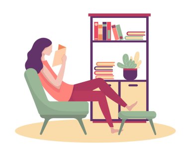 Genç bir kadın dinlenme odasında yeni bir kitapla sabahladı. Kitap okuyabiliyor. Bu odadaki sanat eserlerine bakabiliyor. vektör çizimi düz tasarım