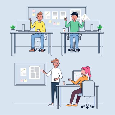 İş kadını ve erkek ya da ofis masasında dizüstü bilgisayarla çalışan bir memur. Ofis çalışanları çeşitli pozlar ve iş sunumu için el hareketleriyle konuşuyor. Vektör illüstrasyon düz tasarım.