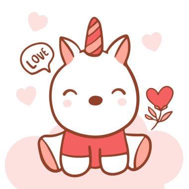 Büyük, izole edilmiş el çizimi çizgi film karakteri tasarımı tek boynuzlu at aşık, karalama tarzı sevgililer günü konsepti hayvan düz vektör çizimi