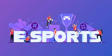 Yılın e-spor yarışması kupaları ve ödül parası, rakip takımı yenebilmeleri halinde esport sporcularını bekliyor. Vektör düz resimleme.
