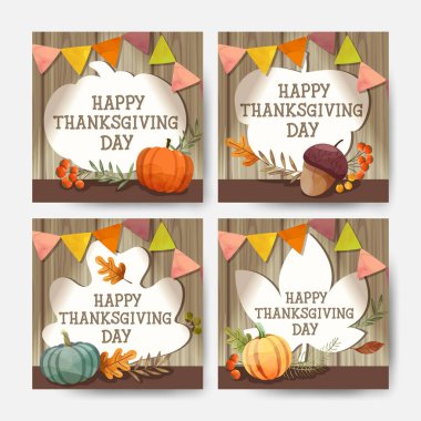 Mutlu Şükran Günü kartları ya da ceviz, balkabağı ve akçaağaç yapraklı el ilanları.