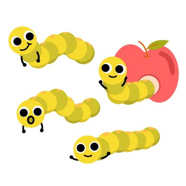 Farklı pozisyonlarda şirin solucanlar, maskot komik, demet vektör çizimi