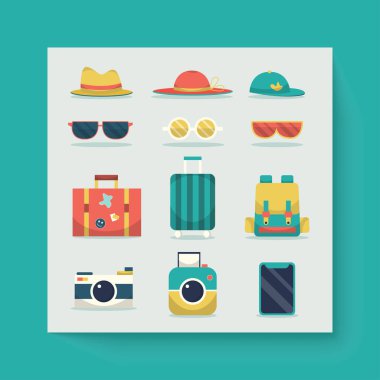 Ünlü turistik noktaların çizimi ve simgeler seyahat, çizgi film karakterinin seyahat sembolü, izole edilmiş düz vektör çizimi