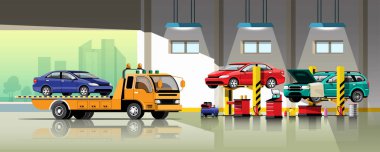 Otomobil tamiri ve bakım hizmeti vektör çizimi. Garajda arabaları kontrol edip tamir etmeyi bekliyor. vektör çizimi düz tasarım