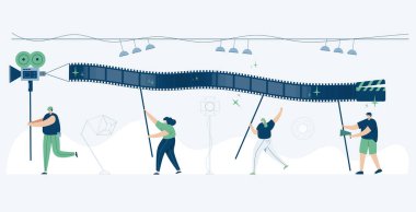 Video düzenleyici video klipleri web şablonu, cep telefonu, iniş sayfası, şablon, UI, web, mobil uygulama, poster, pankart, düz vektör ilülasyonu için karikatür tarzı Screen web şablonu ile çalışıyor
